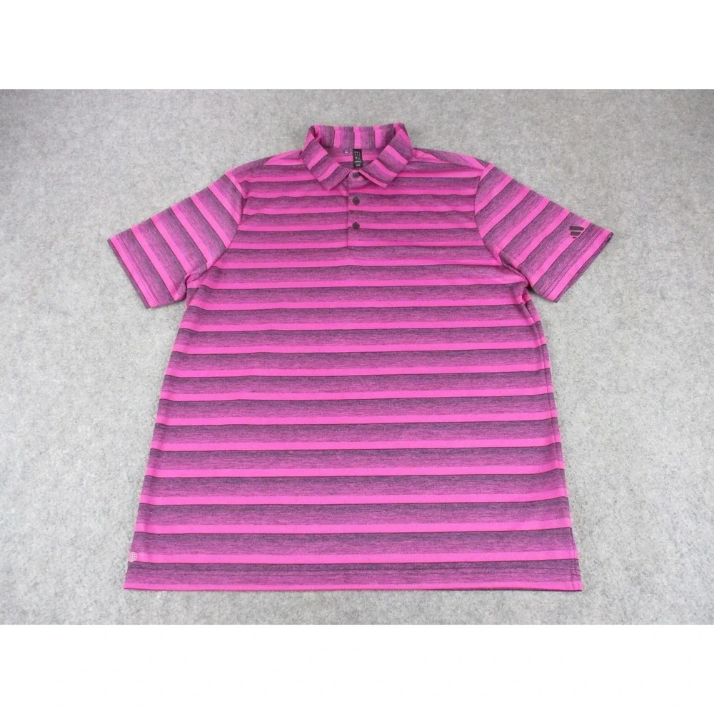 Adidas Polo Shirt Mens Large Pink Stripe Golf Performance Recycled Polyester